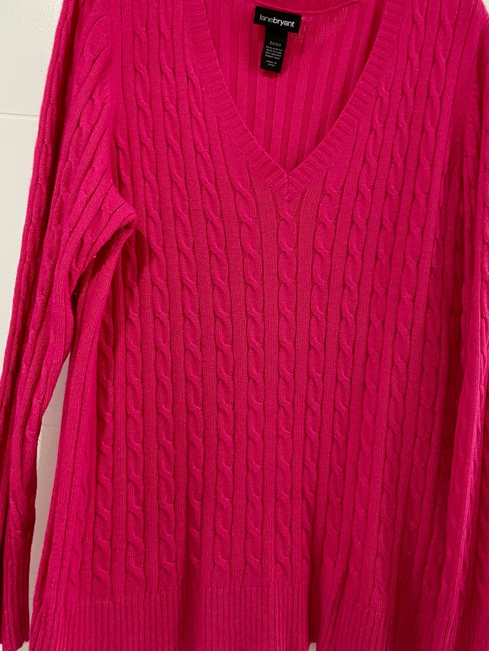 Lane Bryant Hot Pink Cable-Knit V-Neck Sweater